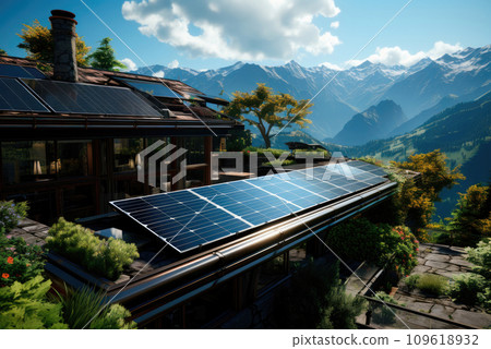 Solar panels on the territory of the house in the mountains Solar panels on the territory of the house in the mountains 109618932