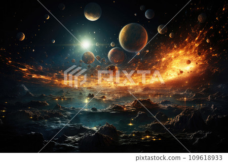 Fantastic landscape of a lifeless planet with stars, nebulae and asteroids Fantastic landscape of a lifeless planet with stars, nebulae and asteroids 109618933