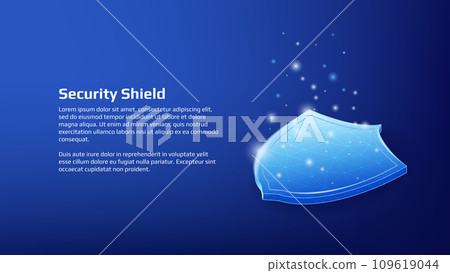 Security concept with shiny polygonal isometric shield and copy space on dark blue background. Protection applications. Vector for website or banner. Security concept with shiny polygonal isometric shield and copy space on dark blue background. Protection applications. Vector for website or banner. 109619044