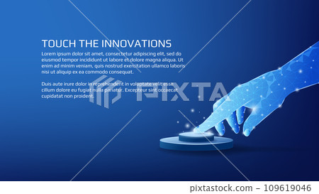 Polygonal shiny finger of hand pressing a button with copy space on dark blue background. Innovations banner or tech web page template. Vector. 109619046