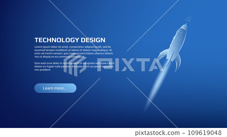 Polygonal flying rocket on dark blue background. Template for technology page or banner for startup. Vector. Polygonal flying rocket on dark blue background. Template for technology page or banner for startup. Vector. 109619048