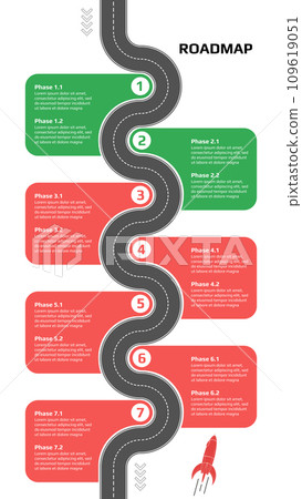 Vertical roadmap with winding road with milestones and rocket on white background. Infographic timeline template for business presentation. Vector. Vertical roadmap with winding road with milestones and rocket on white background. Infographic timeline template for business presentation. Vector. 109619051