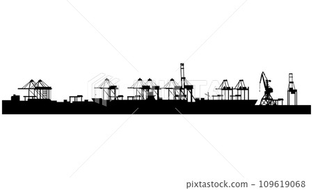 Cargo port silhouette with cranes isolated on white background. Parallax layer. Cargo port silhouette with cranes isolated on white background. Parallax layer. 109619068