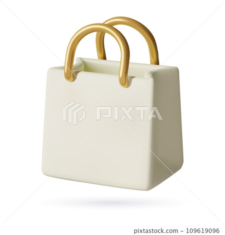 3D shopping bag icon Realistic plastic white shopper with gold handles isolated on white background 109619096