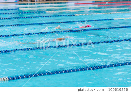 Multiple people swimming laps in the lanes, Water sports and competition Multiple people swimming laps in the lanes, Water sports and competition 109619256