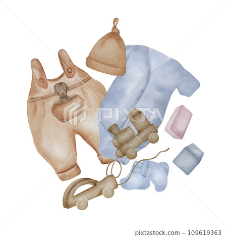 Illustration with baby clothes and supplies isolated on white background. Hand drawn romper suit and cap . Baby wooden toy train in pastel shades. Elements for birthday postcard or newborn shower Illustration with baby clothes and supplies isolated on white background. Hand drawn romper suit and cap . Baby wooden toy train in pastel shades. Elements for birthday postcard or newborn shower 109619363