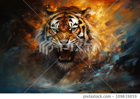 Vibrant and bright and colorful tiger animal portrait poster. AI generated Vibrant and bright and colorful tiger animal portrait poster. AI generated 109619859