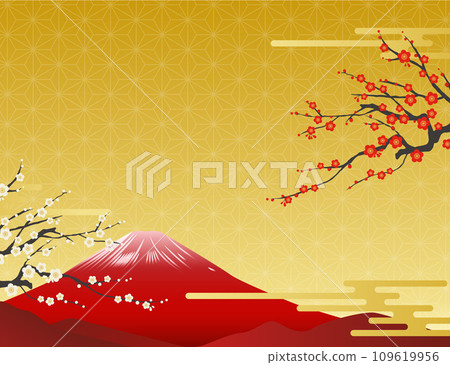 Mt. Fuji and red and white plum background illustration material vector gold background New Year's greetings Mt. Fuji and red and white plum background illustration material vector gold background New Year's greetings 109619956