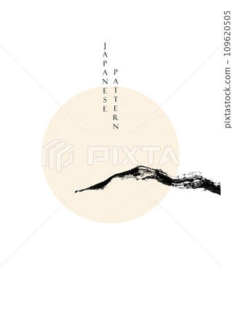 Black brush stroke texture with Japanese wave pattern with circle shpe in vintage style. Abstract art landscape banner design in Chinese painting style. Black brush stroke texture with Japanese wave pattern with circle shpe in vintage style. Abstract art landscape banner design in Chinese painting style. 109620505
