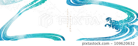 Blue brush stroke texture with Japanese ocean wave pattern in vintage style. Abstract art landscape banner design with watercolor texture vector. Marine concept 109620632