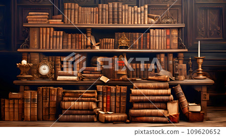 Bookshelf lined with foreign books Bookshelf lined with foreign books 109620652