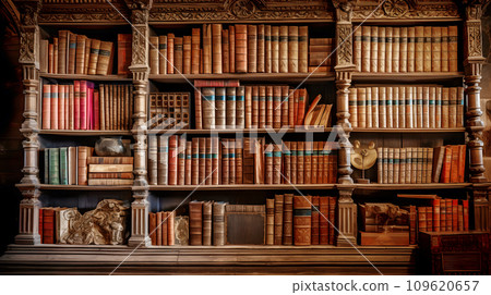 Bookshelf lined with foreign books Bookshelf lined with foreign books 109620657