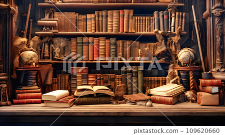 Bookshelf lined with foreign books 109620660