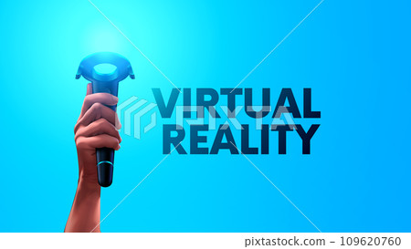 VR controller in hand. 3d video gamer holds it in hand virtual reality gamepad. Hand with the virtual reality gamepad is raised high up. VR joystick controller in the gamer hand. VR, AR concept. 109620760