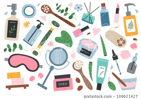 Skincare treatment and tools hand drawn collection, doodle icons of lotion, serum, makeup products, vector illustrations of hygiene routine, bottles and jars with cream, skin beauty, health care set Skincare treatment and tools hand drawn collection, doodle icons of lotion, serum, makeup products, vector illustrations of hygiene routine, bottles and jars with cream, skin beauty, health care set 109621427