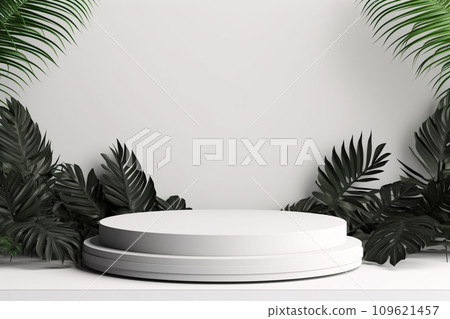 3D White Podium with Tropical Leaves, Product Display Mockup 109621457