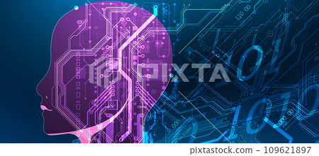 Artificial Intelligence. Technical background with a silhouette of a robot head. Big data concept. Machine cyber mind. Hand drawn vector. 109621897
