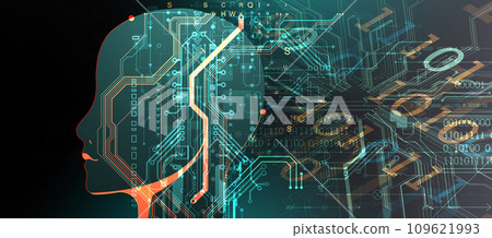 Artificial Intelligence. Technical background with a silhouette of a robot head. Big data concept. Machine cyber mind. Hand drawn vector. 109621993