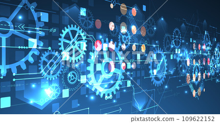 Gear wheel technology pattern on blue gradient background. Hand drawn vector. Gear wheel technology pattern on blue gradient background. Hand drawn vector. 109622152