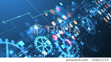 Gear wheel technology pattern on blue gradient background. Hand drawn vector. Gear wheel technology pattern on blue gradient background. Hand drawn vector. 109622158