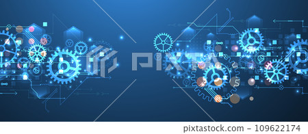 Gear wheel technology pattern on blue gradient background. Hand drawn vector. 109622174