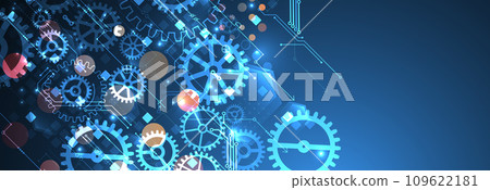 Gear wheel technology pattern on blue gradient background. Hand drawn vector. 109622181