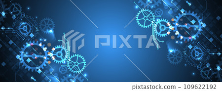 Gear wheel technology pattern on blue gradient background. Hand drawn vector. 109622192