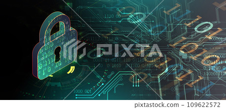 Cyber defense project. Padlock on a digital background. Hand drawn. Vector. 109622572