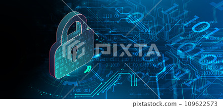 Cyber defense project. Padlock on a digital background. Hand drawn. Vector. 109622573