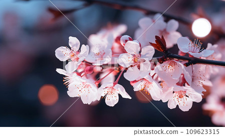 夜間櫻花特寫，櫻花盛開的夜景，AI生成影像 109623315