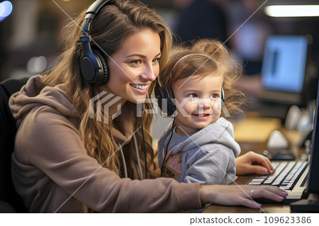 Mother with child on lap and headphones working on a computer, home office concept 109623386