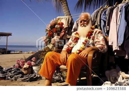 Old hippie with long white beard sits with a flower necklace on the beach of an island selling suits and flowers 109623388