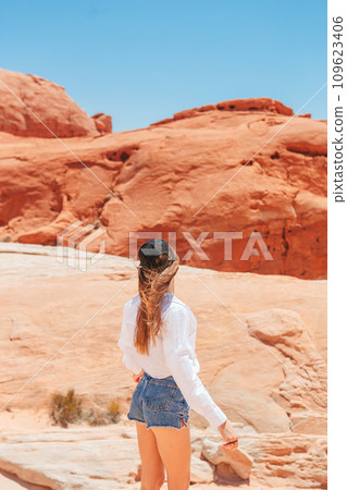 Young girl on trail at Fire Valley in Utah 109623406