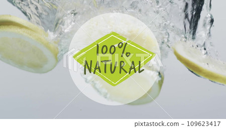 Composite of 100 percent natural text over fresh fruit in water with copy space Composite of 100 percent natural text over fresh fruit in water with copy space 109623417
