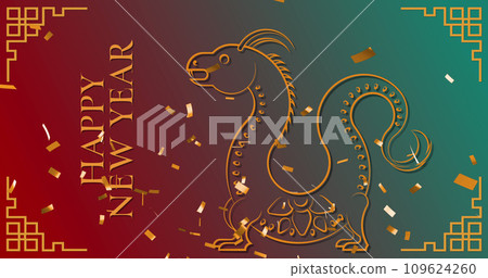 Image of happy new year text, dragons symbols and chinese pattern on red to green background Image of happy new year text, dragons symbols and chinese pattern on red to green background 109624260