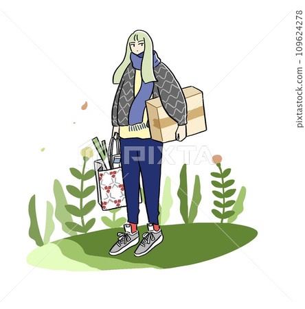 Girl standing on greenery with a box 109624278