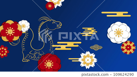 Image of dragon symbol and chinese pattern on blue background 109624290