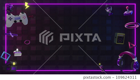 Image of neon frame, gaming features and equipment on black background 109624311