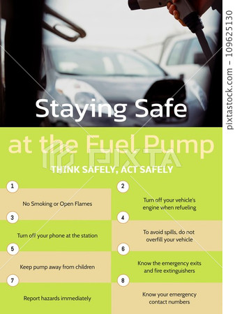 Staying safe at the fuel pump, act safely text with list and asian man charging hybrid car 109625130