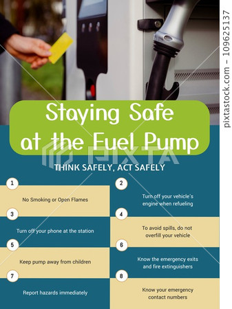 Staying safe at the fuel pump, act safely text and asian man paying at car charging point 109625137