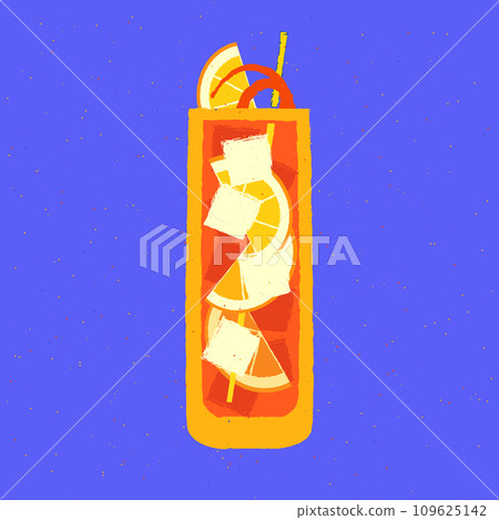 Non-alcoholic drink. Cocktail with orange, ice cubes and zest. Tall glass 109625142