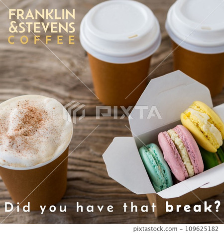 Composition of franklin and stevens coffee text over takeaway coffee and macaroons Composition of franklin and stevens coffee text over takeaway coffee and macaroons 109625182