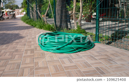 Twisted green rubber hose for watering plants lying on sidewalk Twisted green rubber hose for watering plants lying on sidewalk 109625408