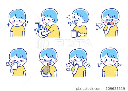 患有感冒的兒童。設定顯示身體狀況不佳症狀的材料。 109625619