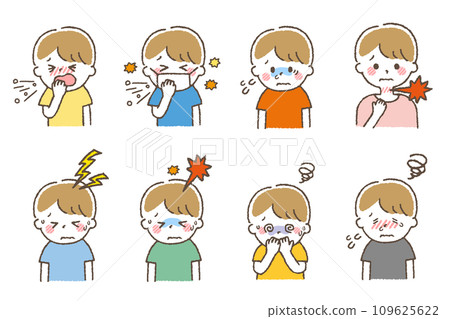 患有感冒的兒童。設定顯示身體狀況不佳症狀的材料。 109625622
