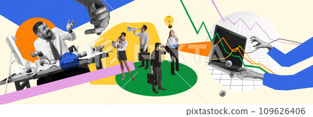 Trade market, cryptocurrency, virtual currency. Business people working with analytics, strategies. Contemporary art collage. Business concept Trade market, cryptocurrency, virtual currency. Business people working with analytics, strategies. Contemporary art collage. Business concept 109626406
