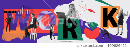 Young employees working, checking analytics, developing strategies. Professional and personal growth. Contemporary art collage. Business concept Young employees working, checking analytics, developing strategies. Professional and personal growth. Contemporary art collage. Business concept 109626411