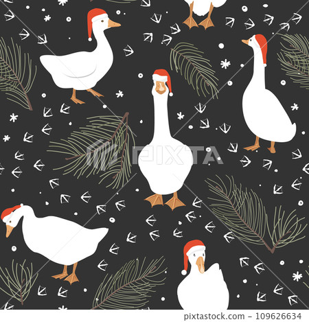 Seamless pattern of geese and geese paws imprints. Winter background with snow and pine branches. Vector illustration in cartoon style. 109626634