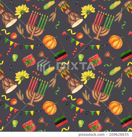 Kwanzaa seamless pattern. African-American holiday. Kinara, seven burning candles, red black green map, cup, drum, gift, harvest vegetables. Hand drawn watercolor illustration isolated background. Kwanzaa seamless pattern. African-American holiday. Kinara, seven burning candles, red black green map, cup, drum, gift, harvest vegetables. Hand drawn watercolor illustration isolated background. 109626635