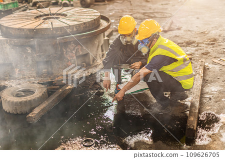 Chemical toxic liquid oil gas leak danger to environment impacts investigation team working site rescue and examination with safety 109626705